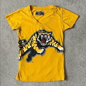 Hamilton Tiger-Cats T-Shirt V-Neck Yellow Jumping Tiger Logo Size S CFL